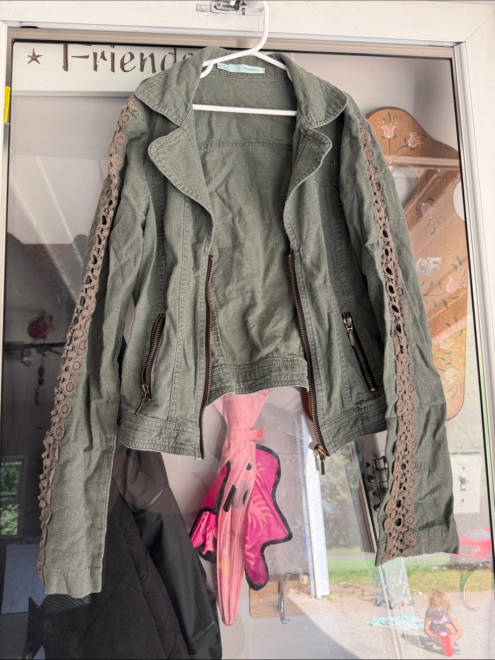 Maurices Olive Green Utility Jacket with Taupe Lace Trim